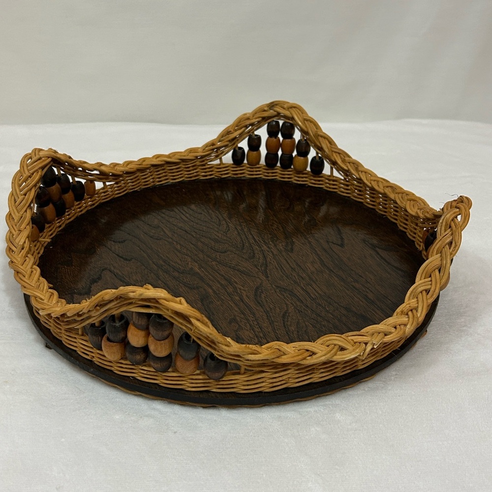Vintage Wood and Wicker Tray With Wood Beads.